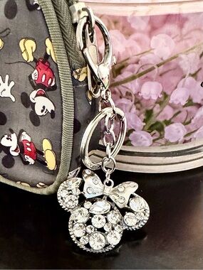 Minnie Mouse Rhinestone Bag Charm Keychain + Disney Mickey Cosmetic Bag Bundle